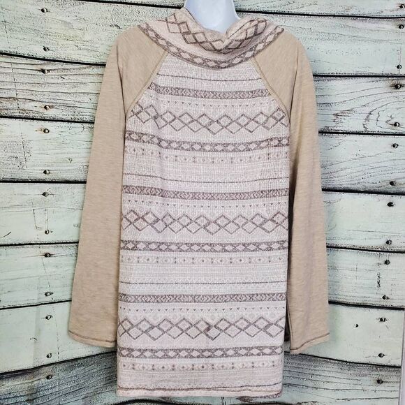 Jolt M Beige Aztec Print Hooded Pullover Long Sleeve Knit Top Boho Lace Detail - Picture 4 of 7